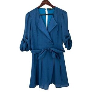 Maude Womens Size L Blue Mini Dress Faux Wrap Roll Tab Sleeves Lined Flowy U3
